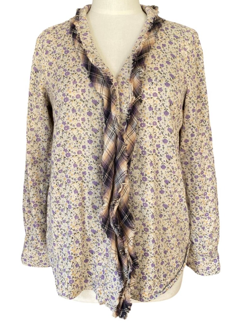 Sundance Mixed Floral Plaid Frayed Ruffle Shawl Collar Tab Sleeve Top Boho-M